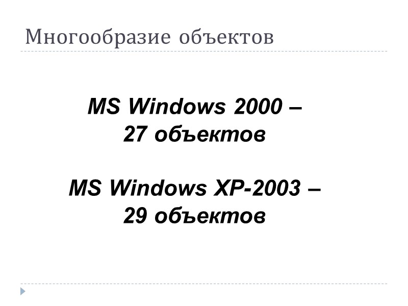 Многообразие объектов MS Windows 2000 –  27 объектов  MS Windows XP-2003 –